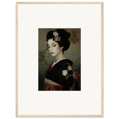 Framed wall art of a geisha in a black kimono showcasing Cherry Dream Surrealism