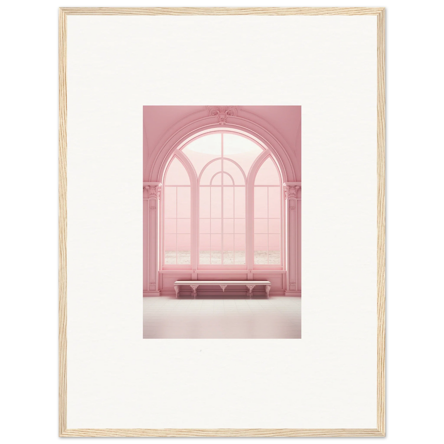 Framed wall art of an arched window and bench in Solitude’s Rosy Asana