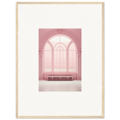 Framed wall art of an arched window and bench in Solitude’s Rosy Asana