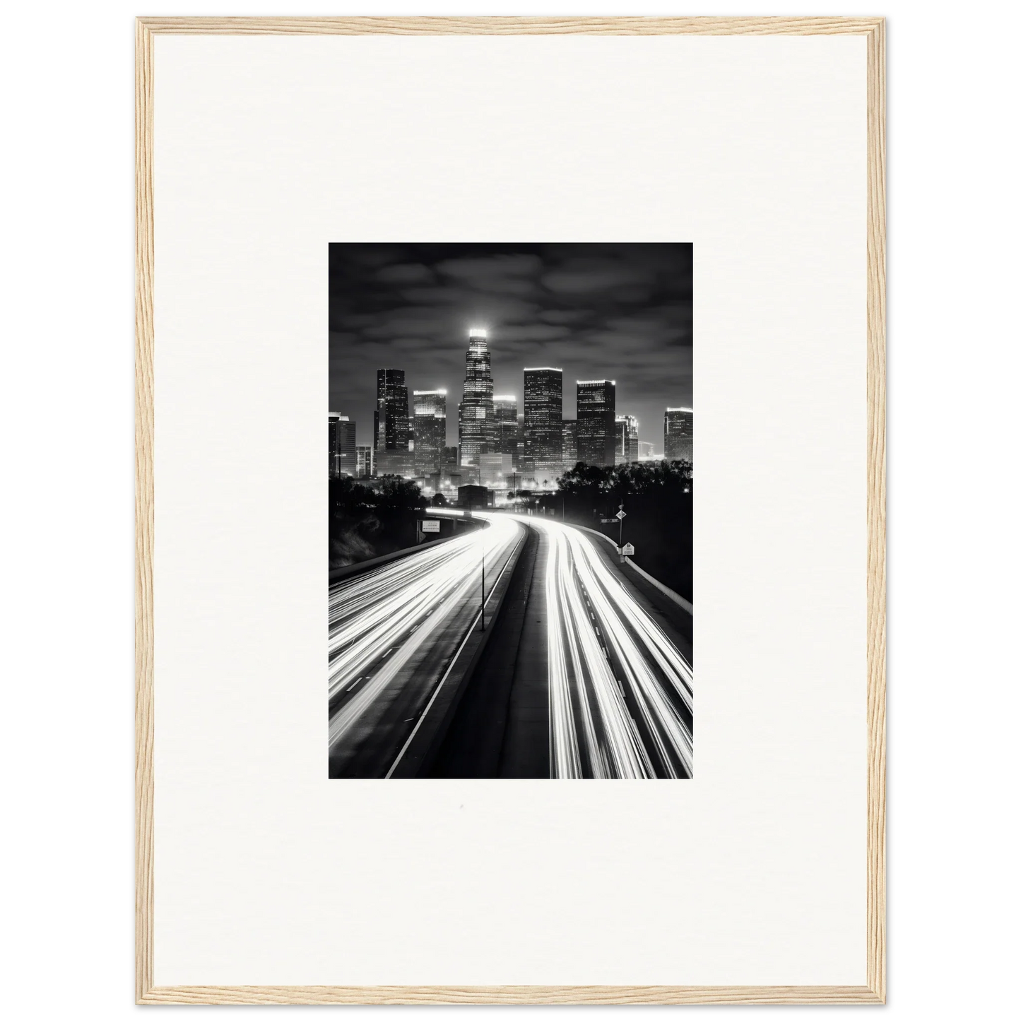 Black and white Los Angeles skyline with traffic light trails in steel framed wall art