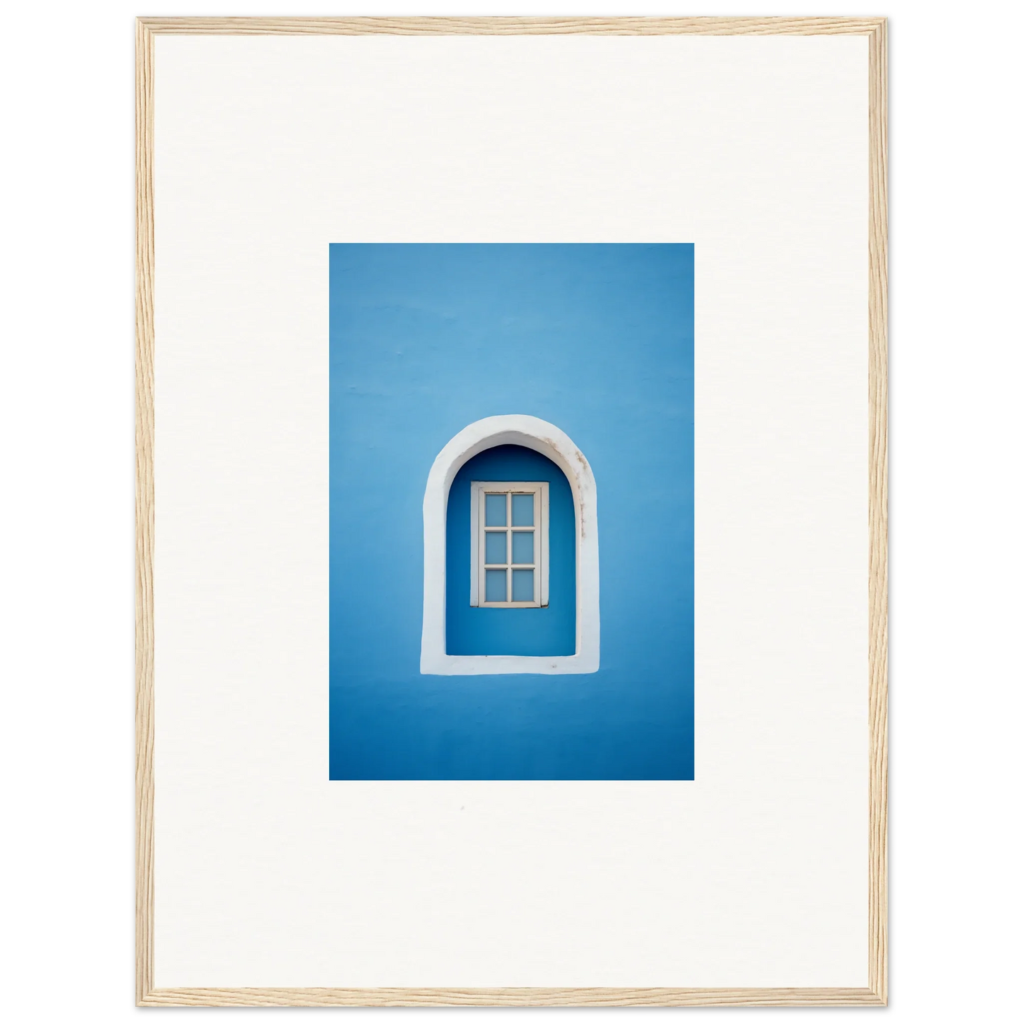 Arched window with white trim on blue wall in Whispers Sky Mosaic art piece