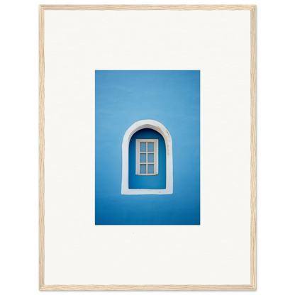 Arched window with white trim on blue wall in Whispers Sky Mosaic art piece