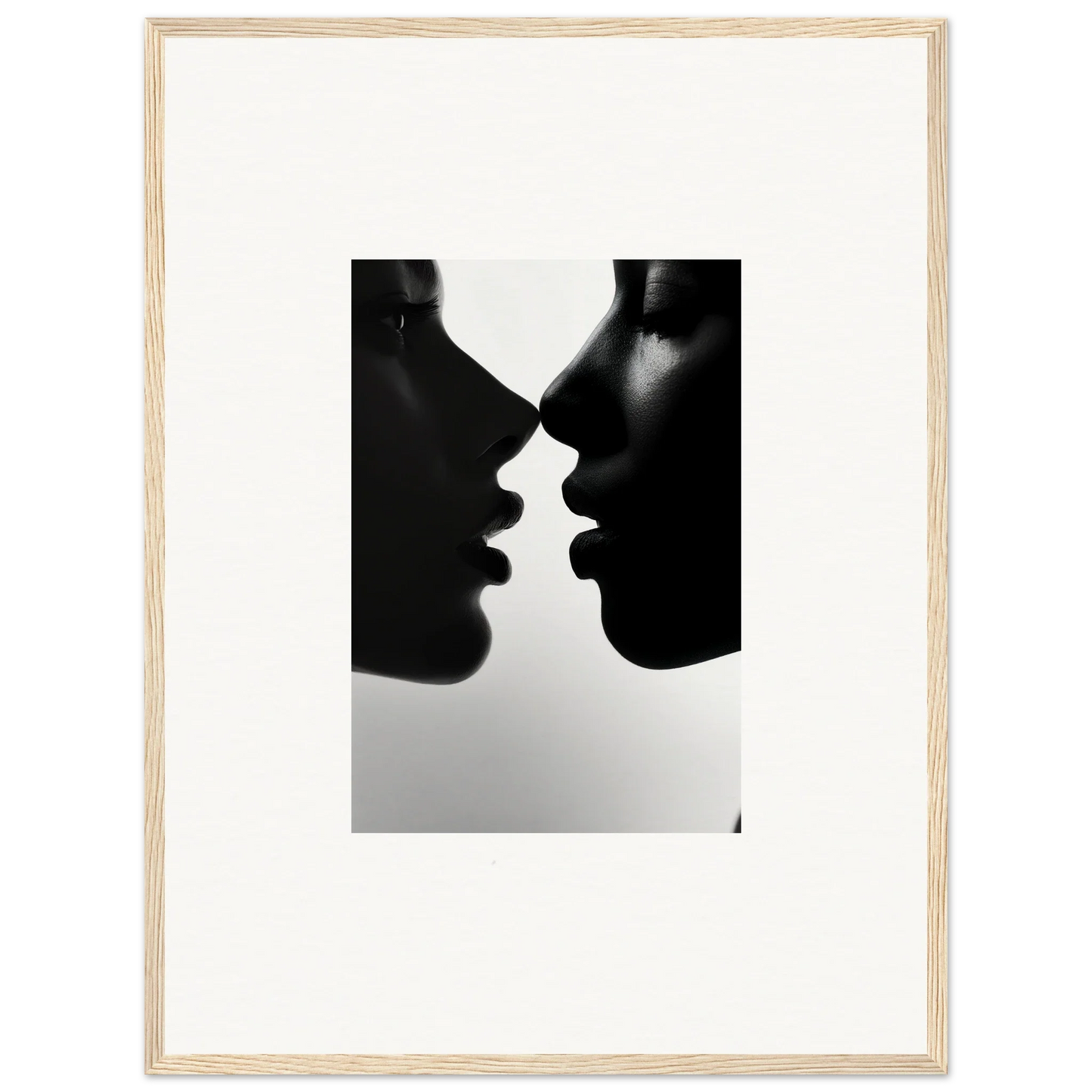 Two silhouetted profiles almost kissing in the Narcissus Mirror Haze framed wall art