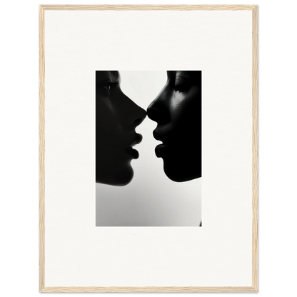 Two silhouetted profiles almost kissing in the Narcissus Mirror Haze framed wall art