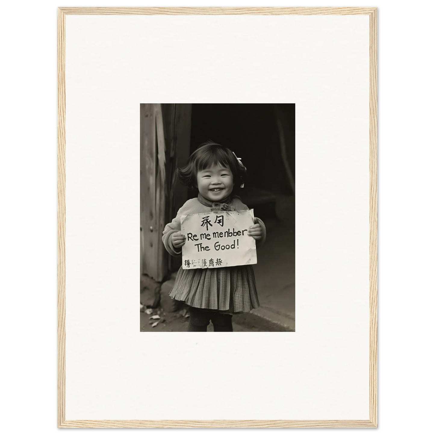 Black and white photo in wooden frame capturing ephemeral joy imbibed by a child