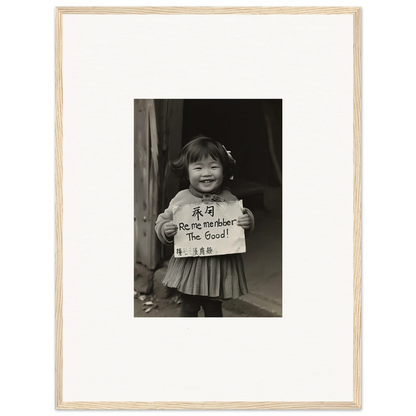 Black and white photo in wooden frame capturing ephemeral joy imbibed by a child