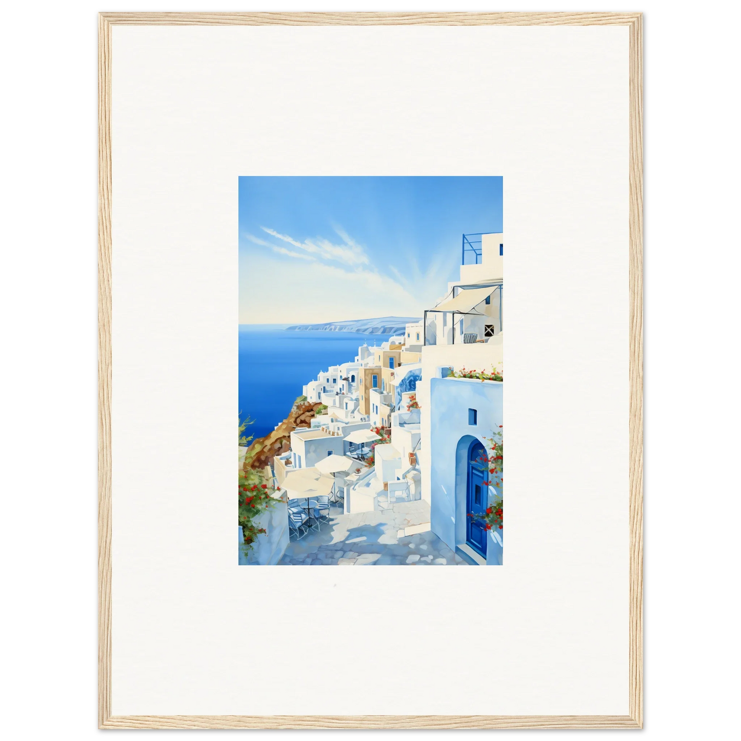 Framed photo of Santorini’s white buildings in Mediterranean Serenity Remastered art™