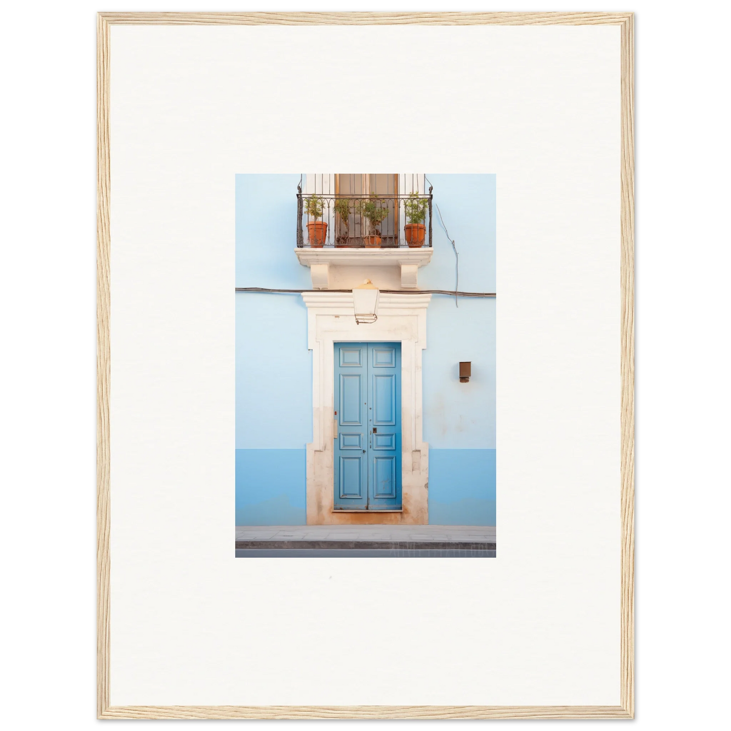 Light blue wooden door with stone trim and plants, part of Ethereal Azul Entrance art