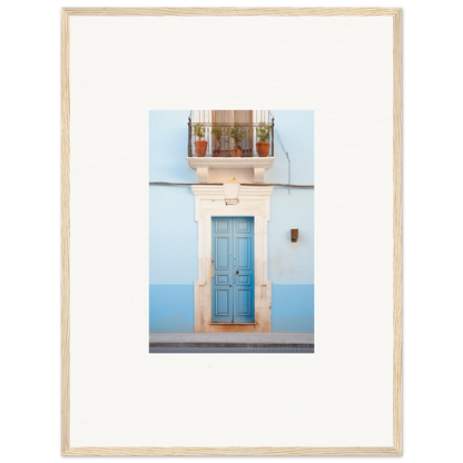 Light blue wooden door with stone trim and plants, part of Ethereal Azul Entrance art