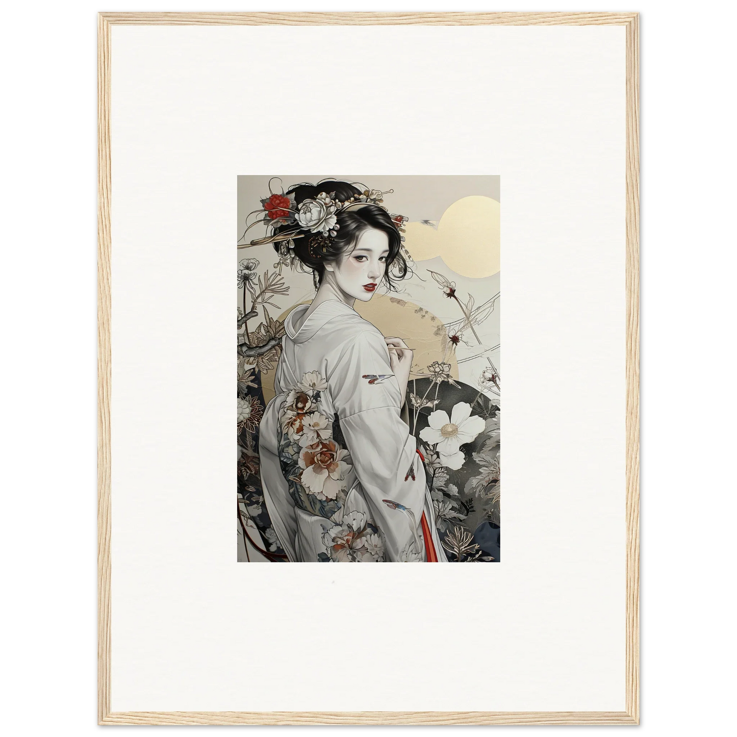 Framed Japanese artwork of a geisha in kimono, perfect for Daydream Blossom Wistitudes