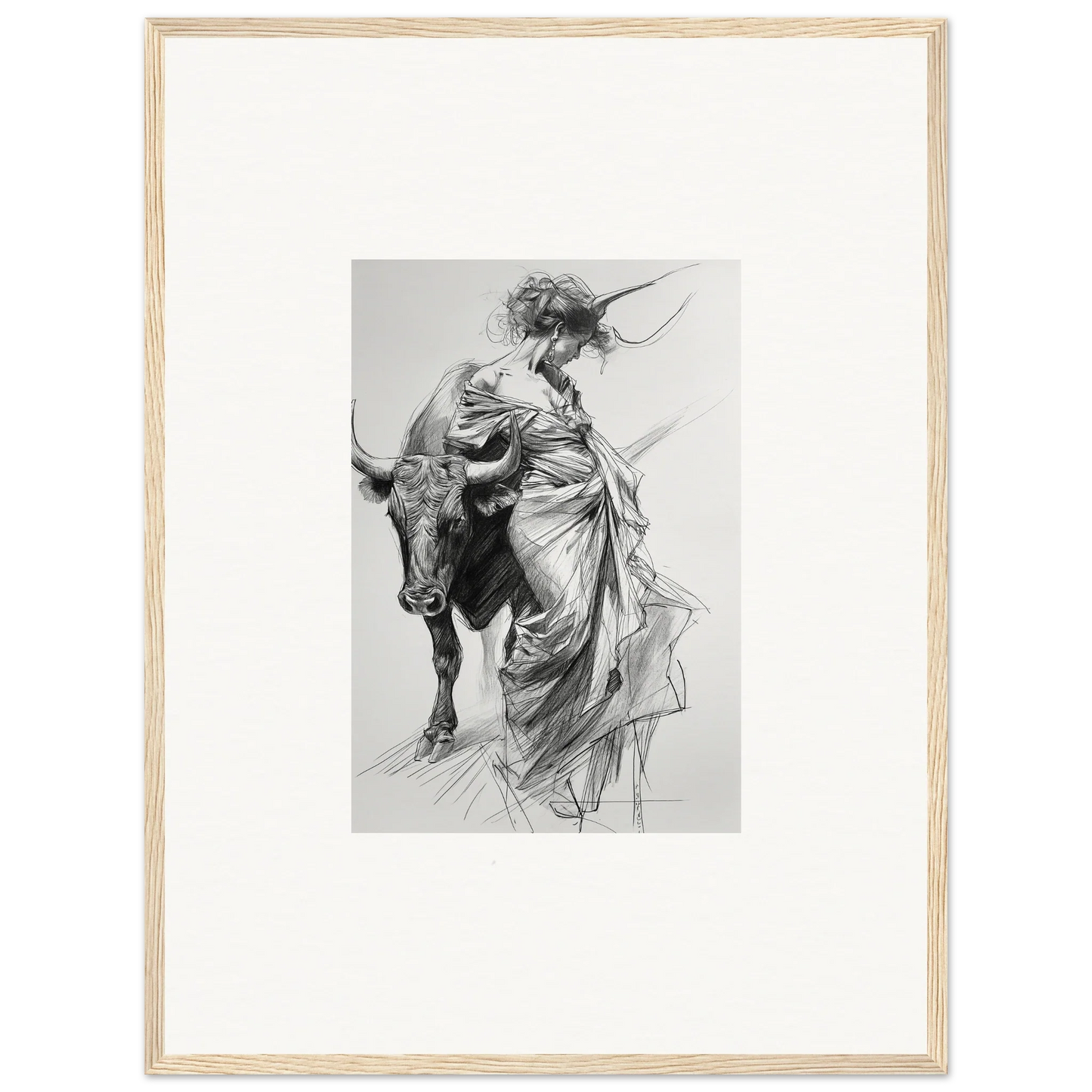 Black and white sketch of a figure in flowing robes with a bull, special edition art™