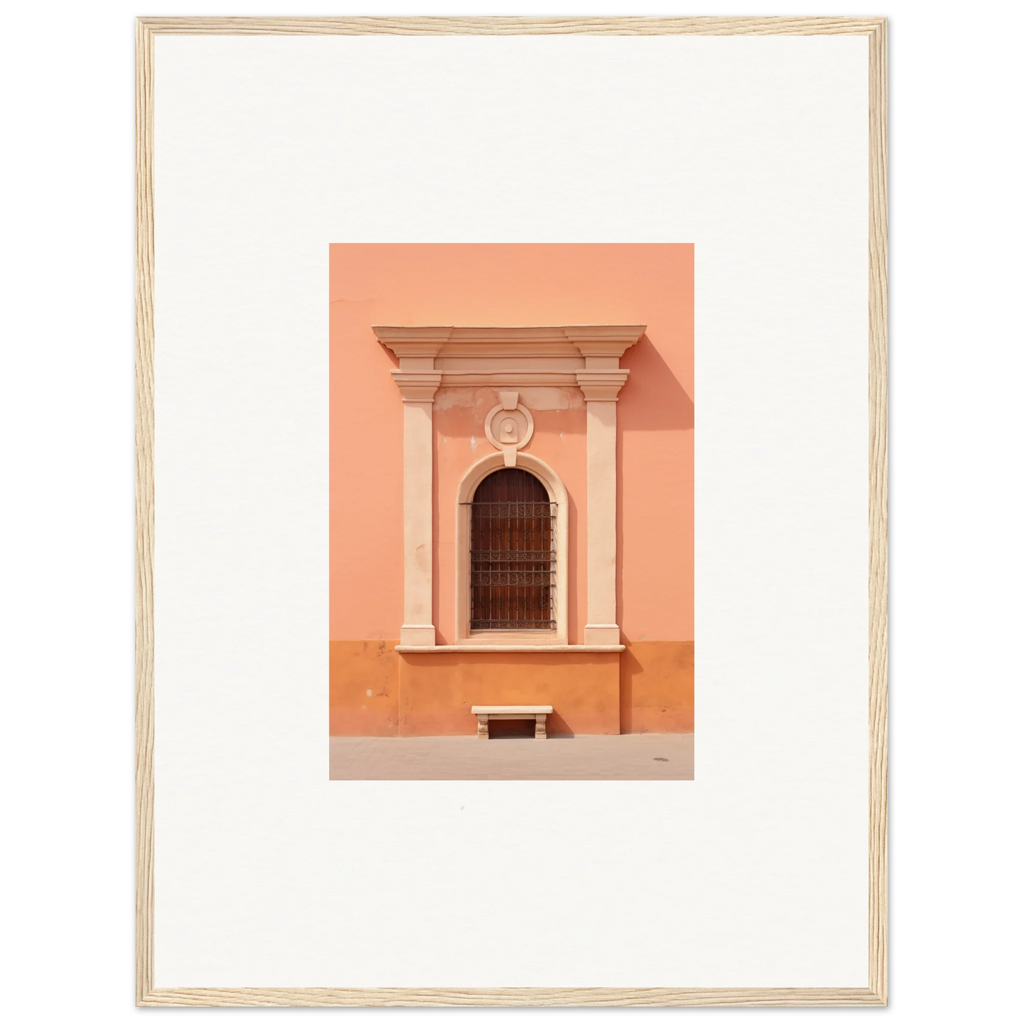 Ornate arched window with molding on peach wall in Silent Sunset Oblique framed wall art