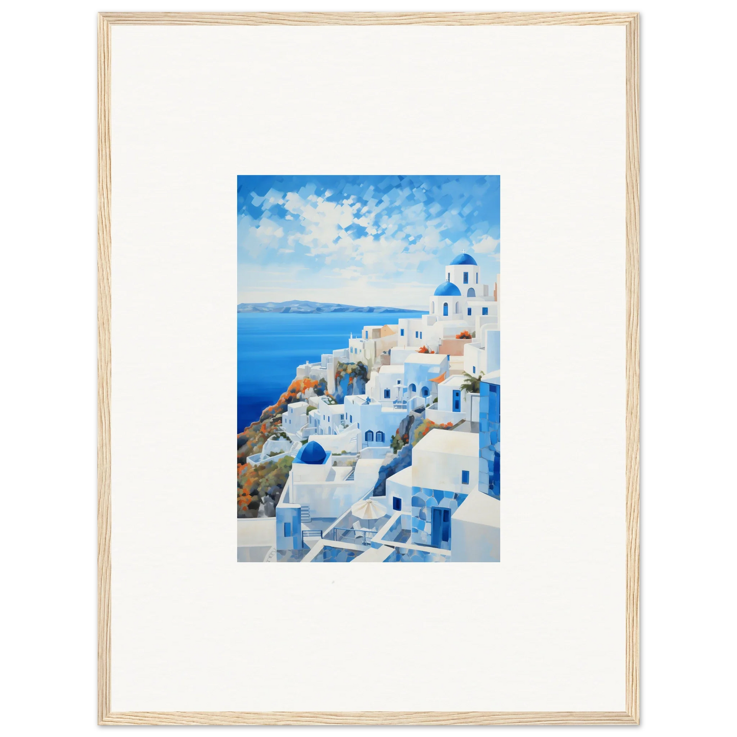 Framed watercolor of Santorini in premium wall art by Serendipity Through Sparrows