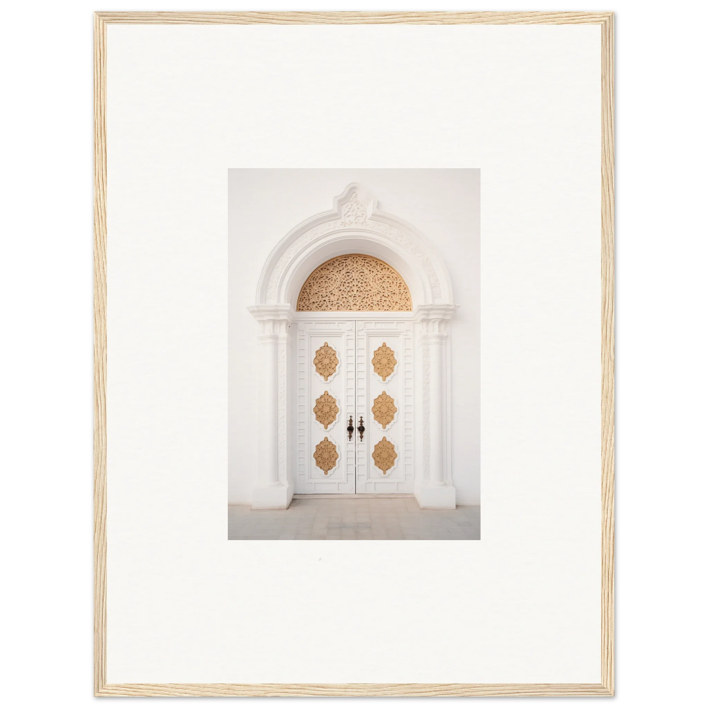 Elegant white double doors with gold patterns in Gilded Mirage Passage framed wall art