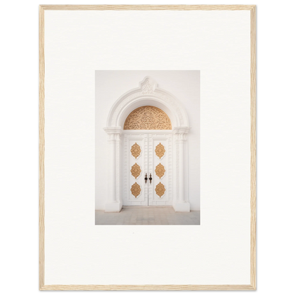 Elegant white double doors with gold patterns in Gilded Mirage Passage framed wall art