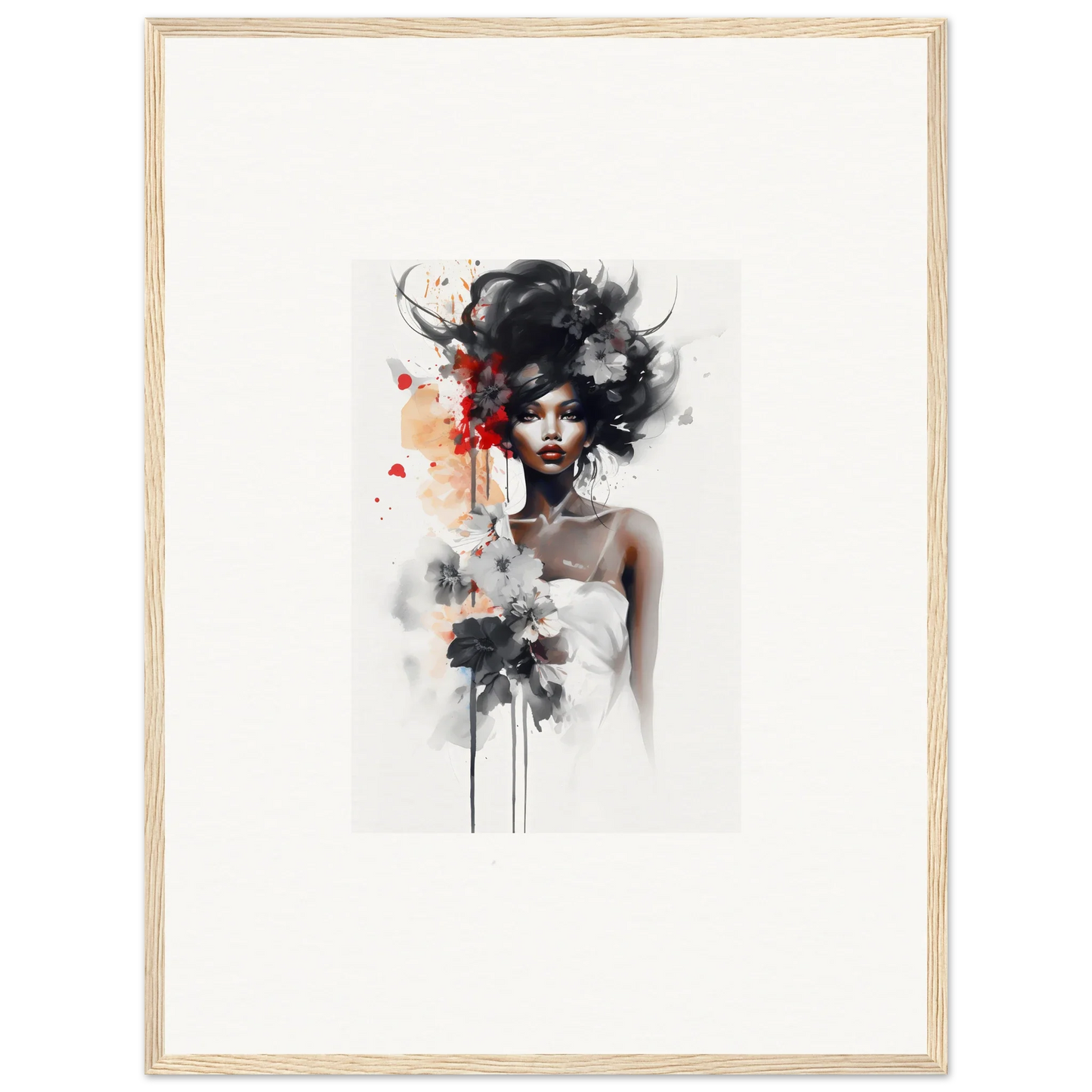 Artistic watercolor portrait with black hair and red accents from Plume Sultry Reverie