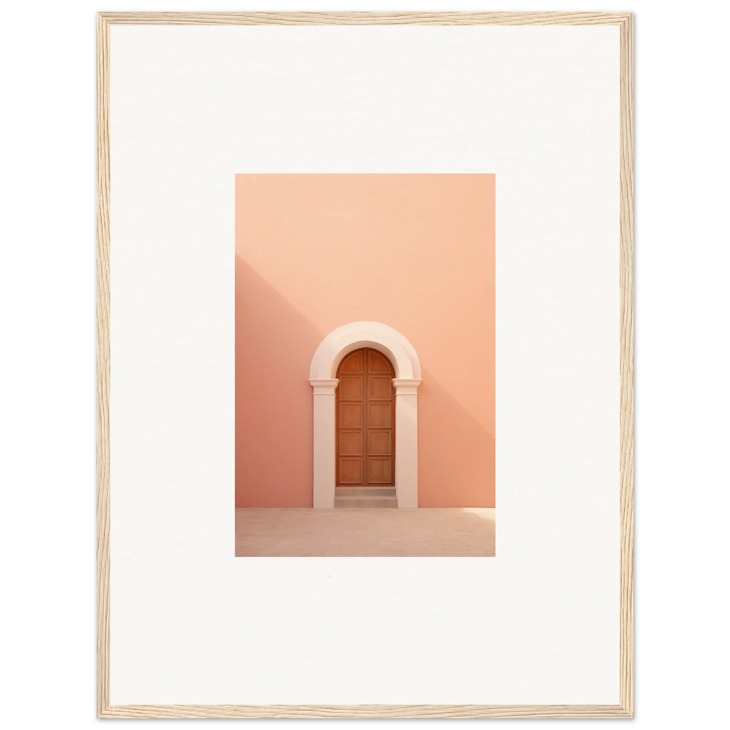 Wooden door in arched doorway on peachy-pink wall for Silent Coral Dreams art piece