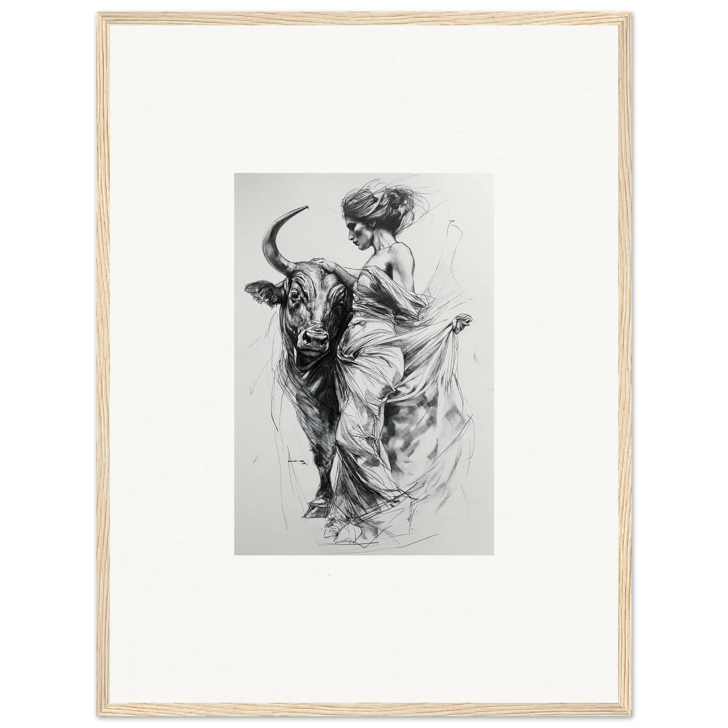 Black and white sketch of a dancer with a bull for Marvelous Taurine Serenade art™