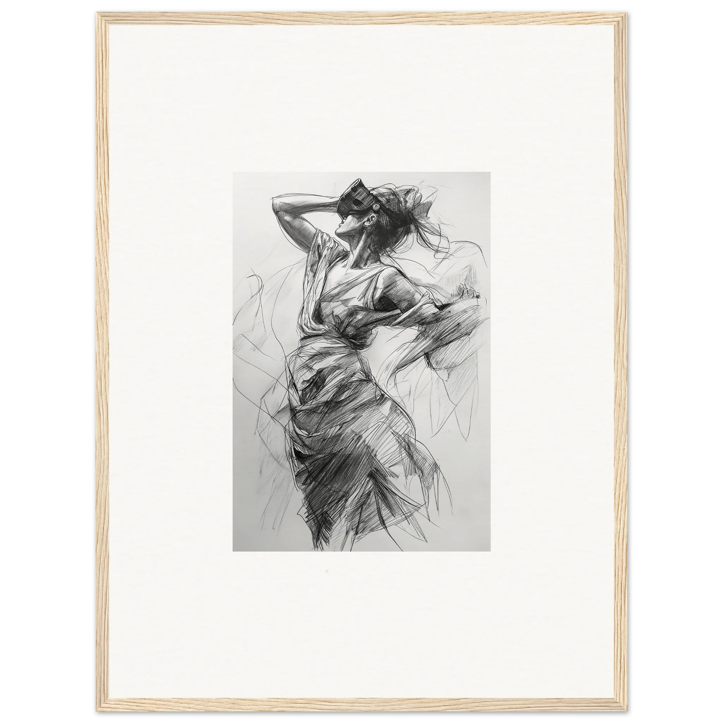 Dynamic charcoal sketch of veiled revisionist muse with flowing hair, framed wall art