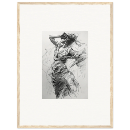 Dynamic charcoal sketch of veiled revisionist muse with flowing hair, framed wall art