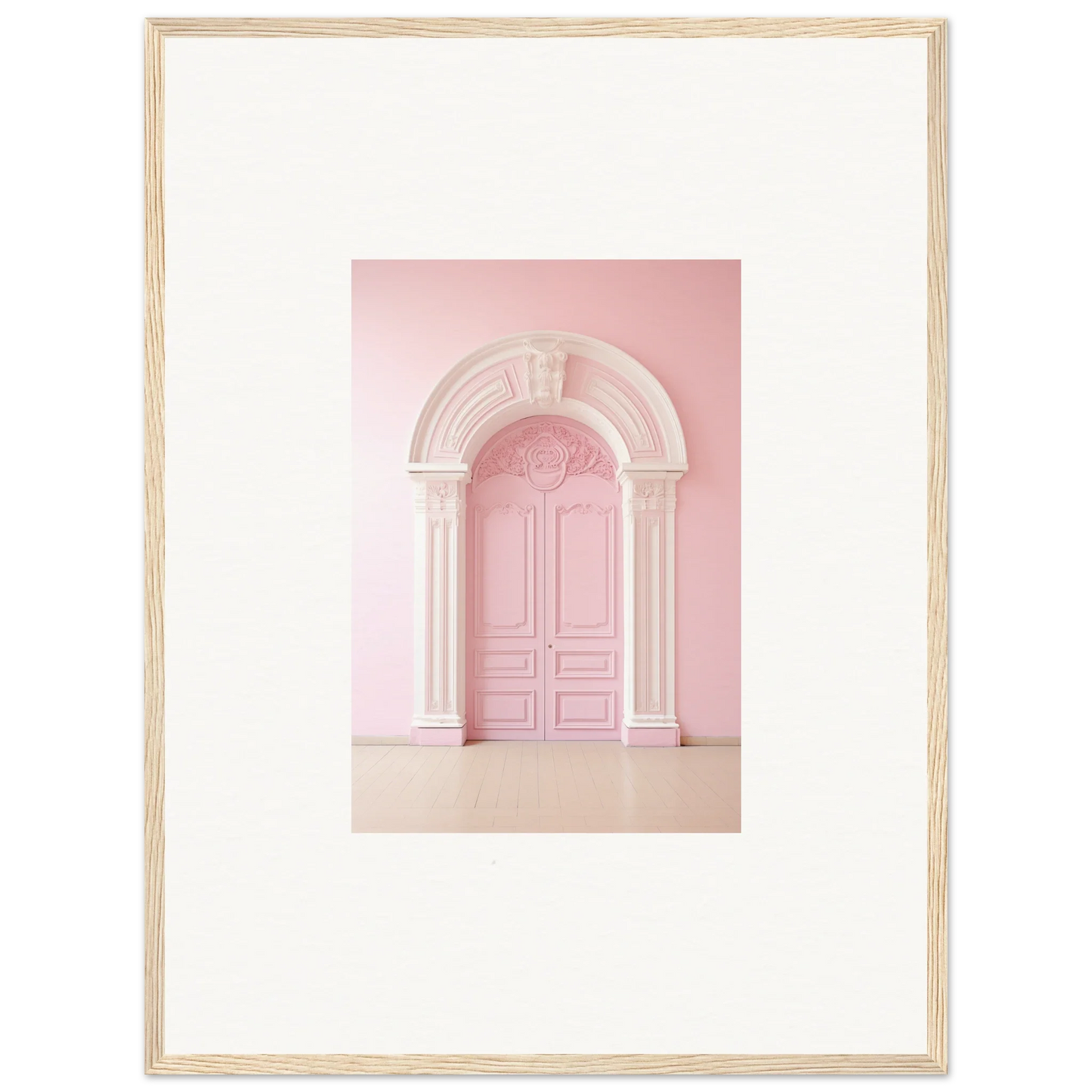 Pink arched doorway with classical molding in Portal Fantasies Unfurled framed wall art