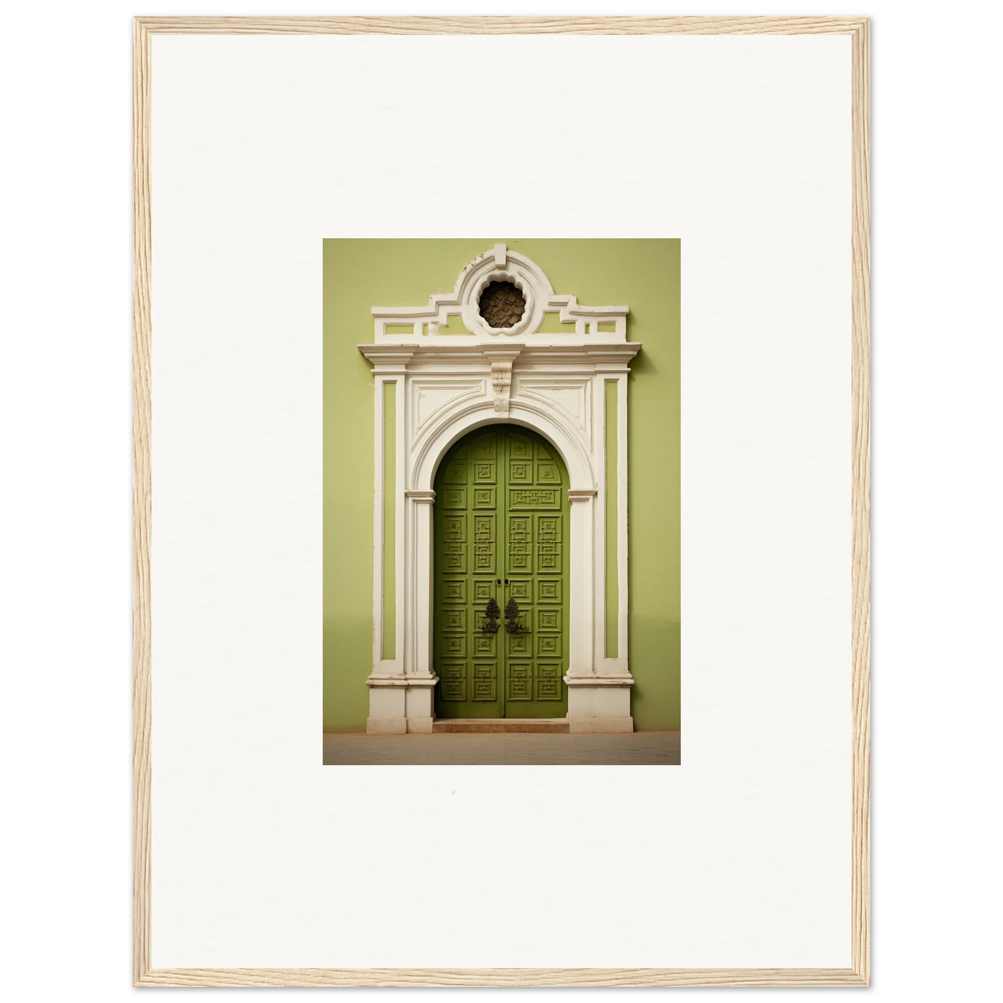 Ornate green door with white frame, part of the Verdant Sentry Whispers special edition art™