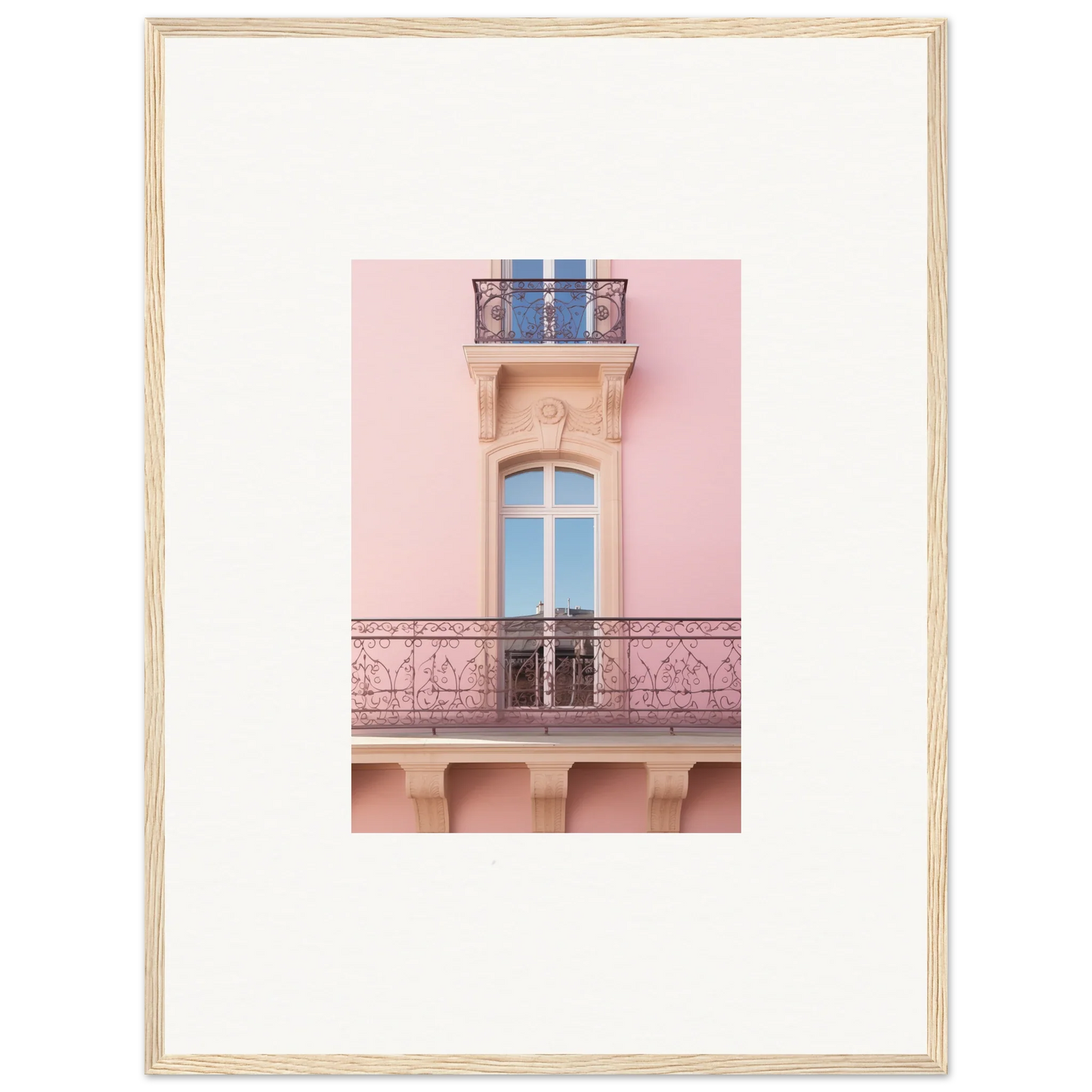 Pink building facade with ornate balcony and arched window for Dusky Dream Balustrade art