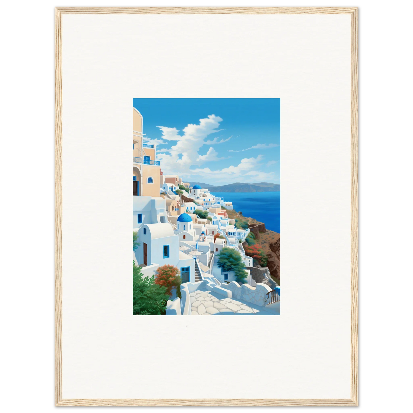 Framed photo of Santorini’s white buildings and blue domes in Sunday Stahl Messiração special edition art™