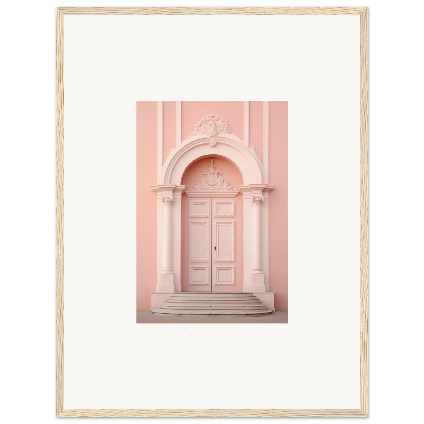 Elegant pink doorway with ornate arch in Petal Whispers Portal premium framed wall art