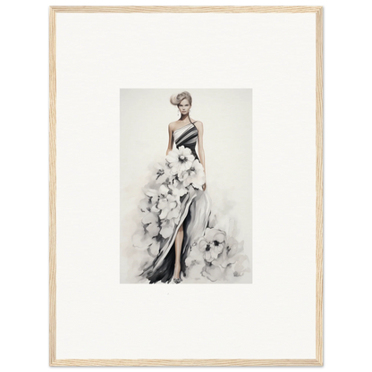 Elegant black and white fashion illustration of Dreamy Blossom Mirage evening gown