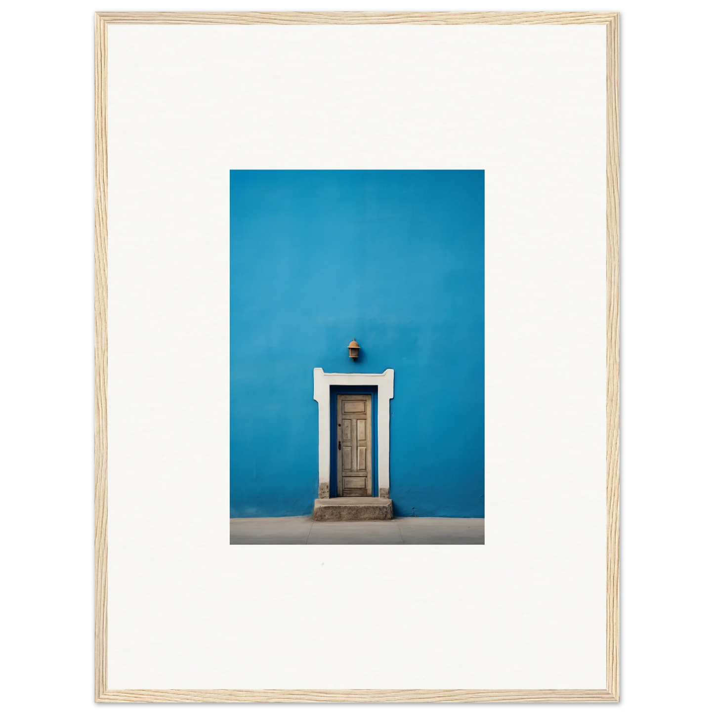 Wooden door with white trim on a bright blue wall in Eternal Cerulean Cloister design