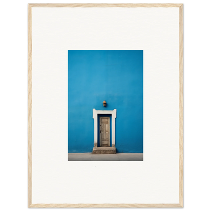 Wooden door with white trim on a bright blue wall in Eternal Cerulean Cloister design