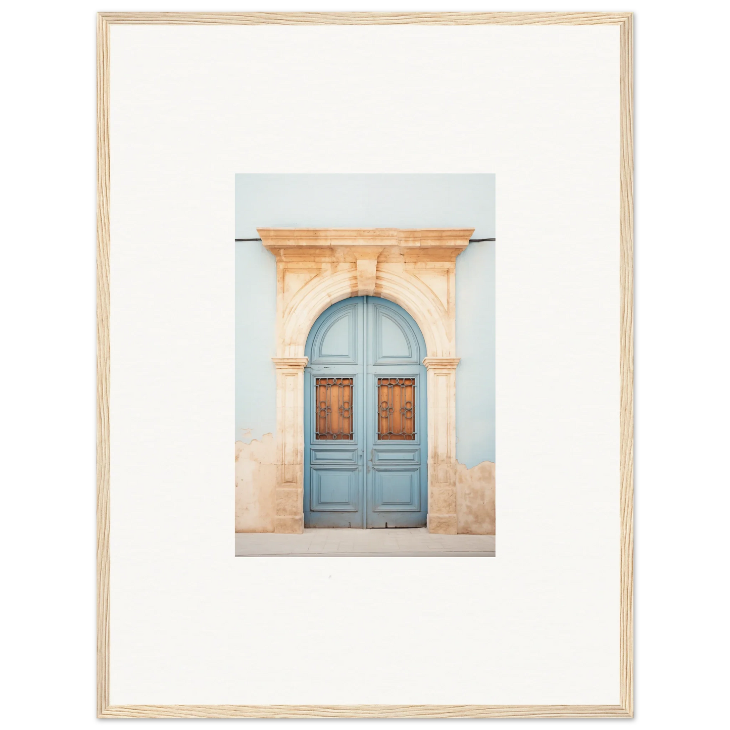 Light blue wooden door with ornate stone arch in Threshold of Echoes premium framed wall art