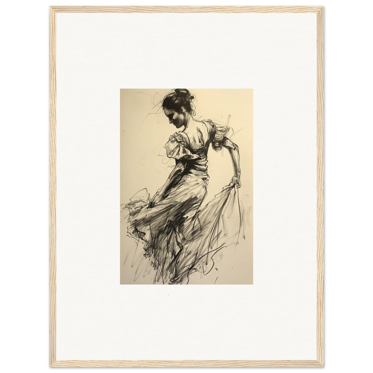 Expressive dancer sketch in flowing dress from Shadow Waltz premium framed wall art