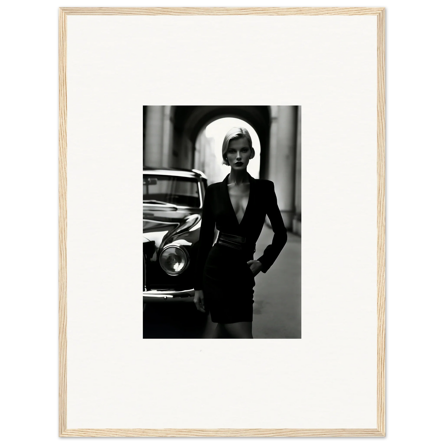 Black and white fashion shot of a figure in an elegant blazer dress by a classic car, Interstellar Noir Illuminations