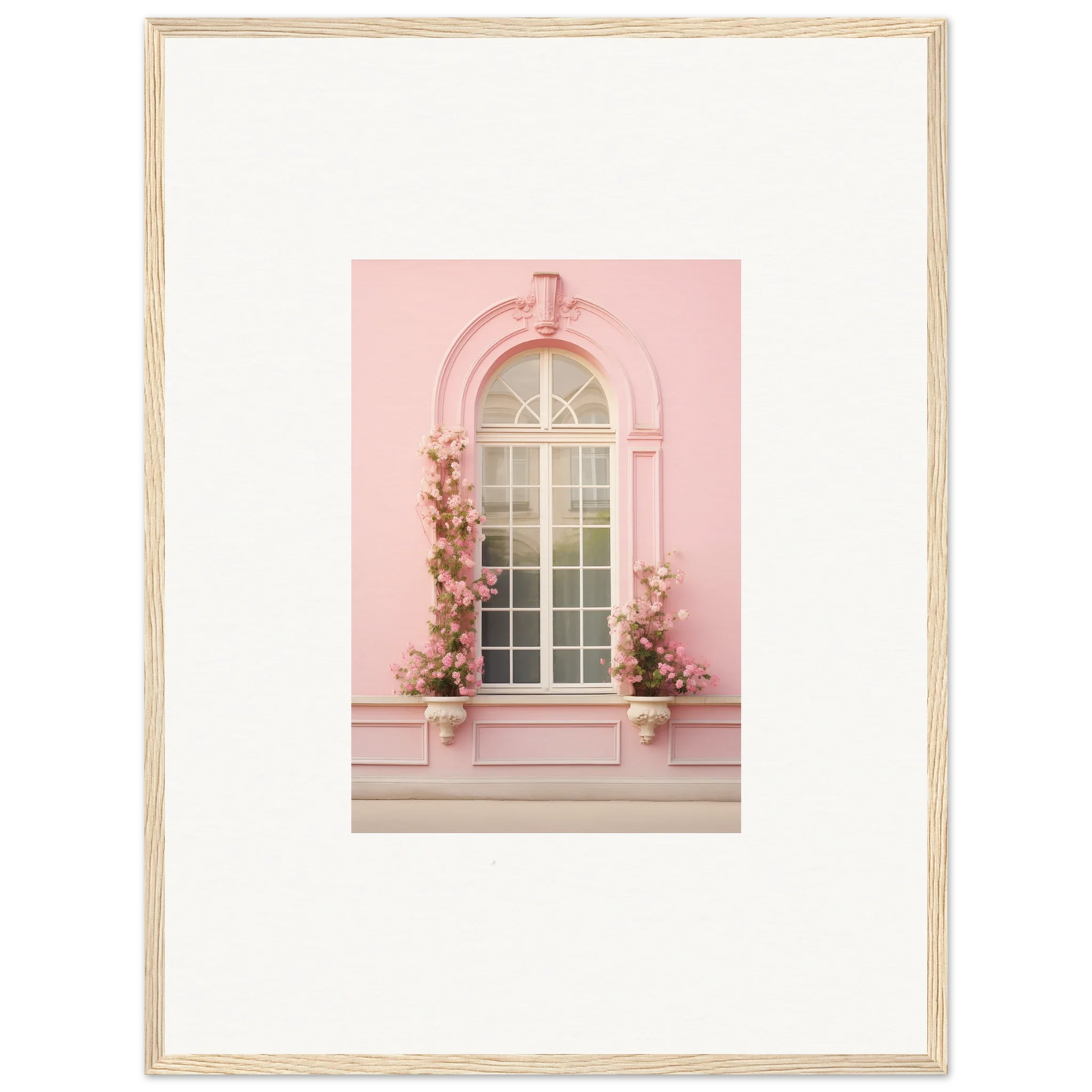 Arched pink window with climbing flowers, showcasing Vitalose Rose Sonnet special edition art™