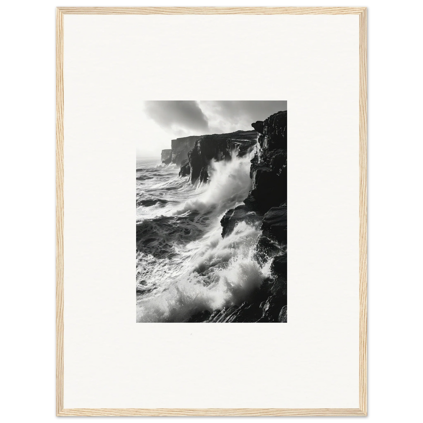 Dramatic ocean waves crashing on rugged cliffs in our Rock Impressions special edition art™