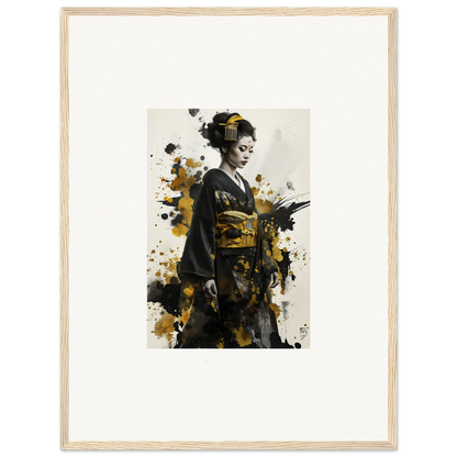 Artistic portrait of a geisha in kimono with gold splatters, Eclipsed Ukiyo Symphony