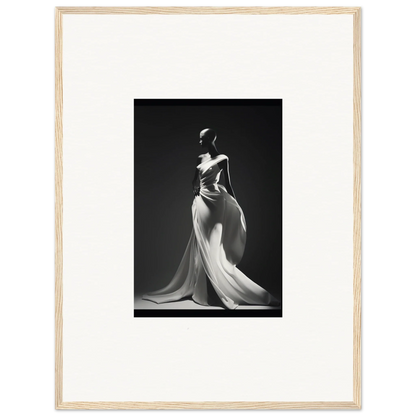 Elegant black and white photo of Gossamer Ivory Whispers evening gown with dramatic draping