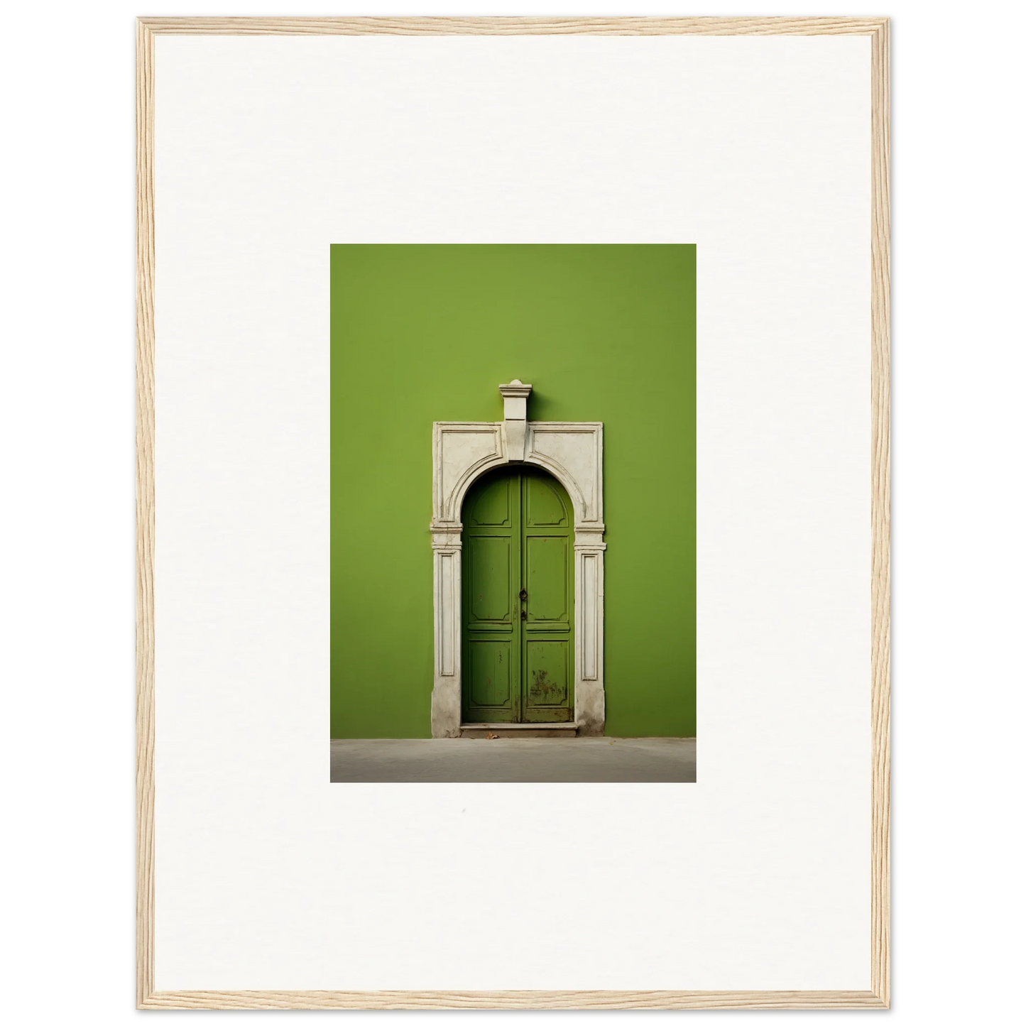 Green wooden door with arched stone frame in Green Origins special edition art™