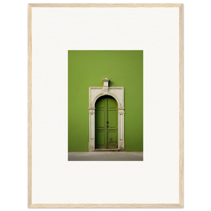 Green wooden door with arched stone frame in Green Origins special edition art™