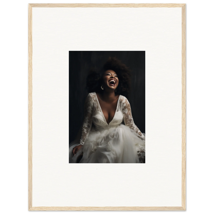 Joyful person in a white lace wedding dress, celebrating Timeless Essence Laughter art