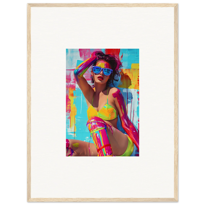 Vibrant pop art canvas print of a woman in colorful swimwear for room decoration