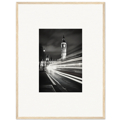 Black and white photo of Big Ben with light trails for Echelons Beyond Shadows framed poster