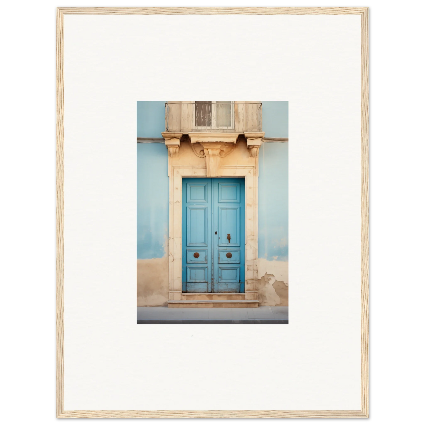 Bright turquoise wooden door with stone trim for the Ephemeral Dreamscape Doorway