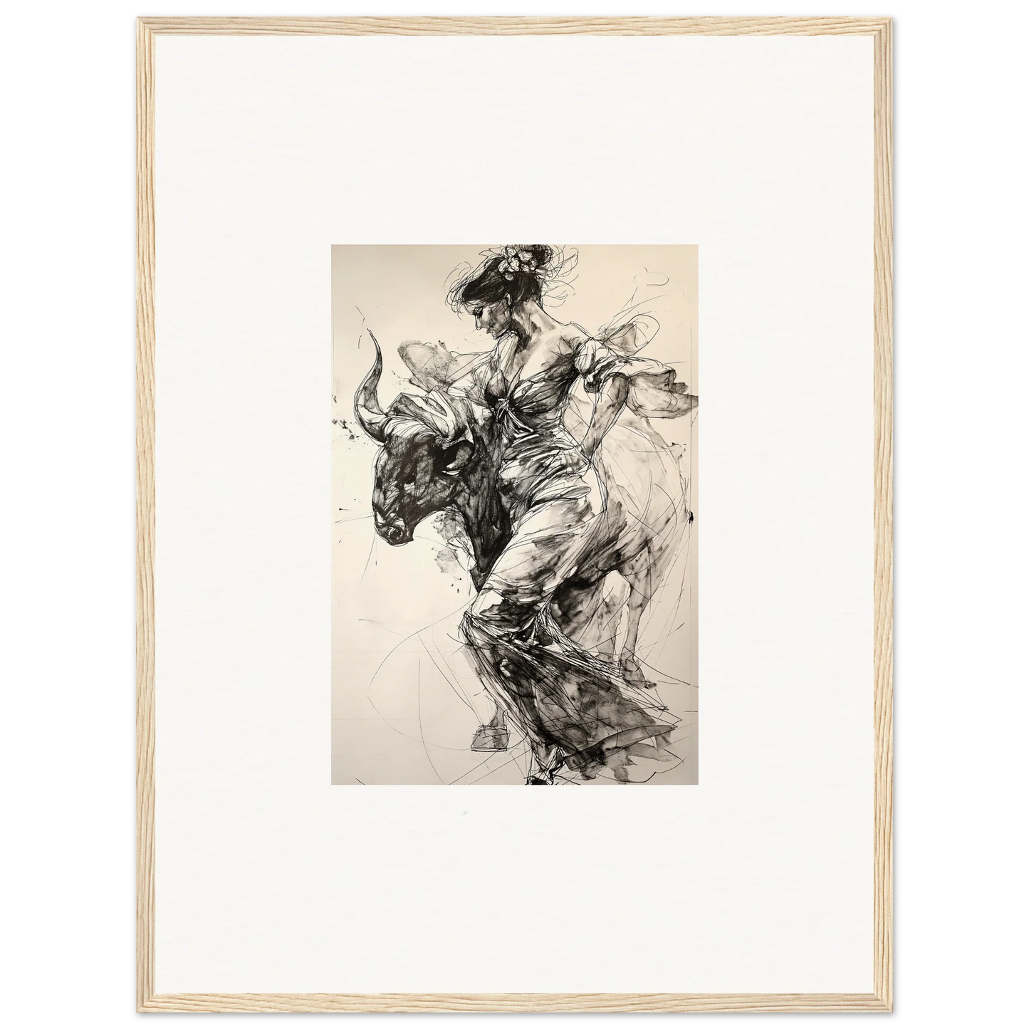 Dynamic black and white bull rider sketch from Labyrinthine Spanish Mirage special edition art™