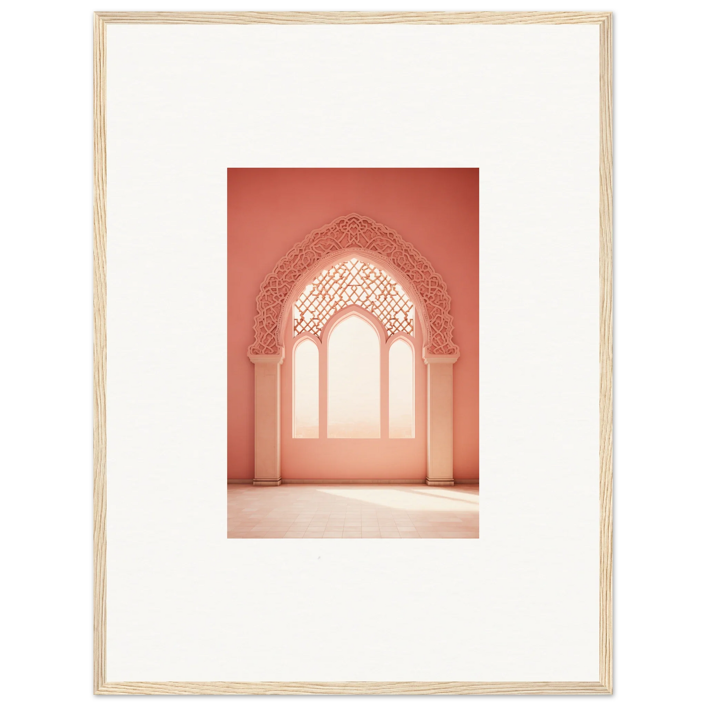 Ornate archway with Islamic patterns in coral pink from Versaille Sunset Reimagined art