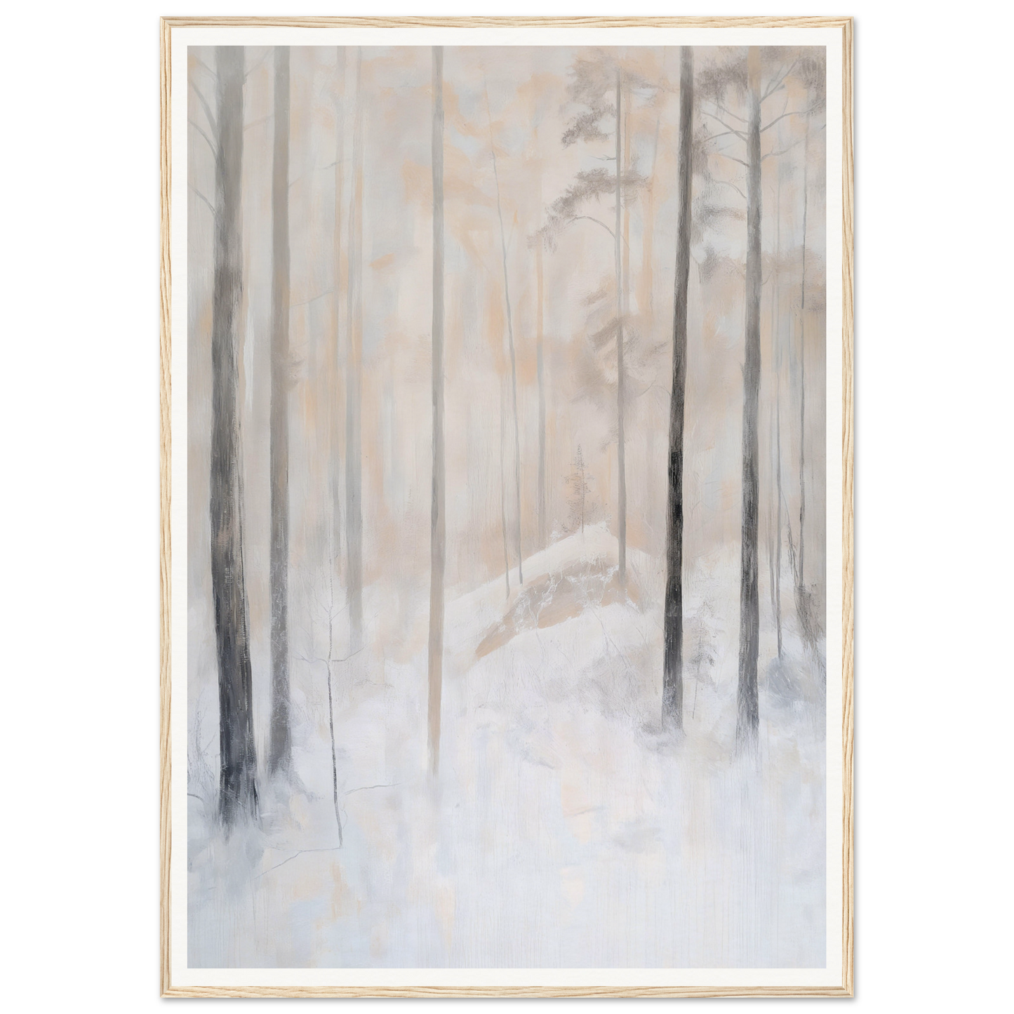 Framed wall art of a serene winter forest with tall trees and a soft, snowy landscape.