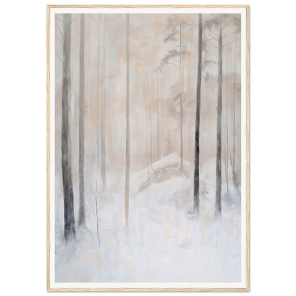 Framed wall art of a serene winter forest with tall trees and a soft, snowy landscape.