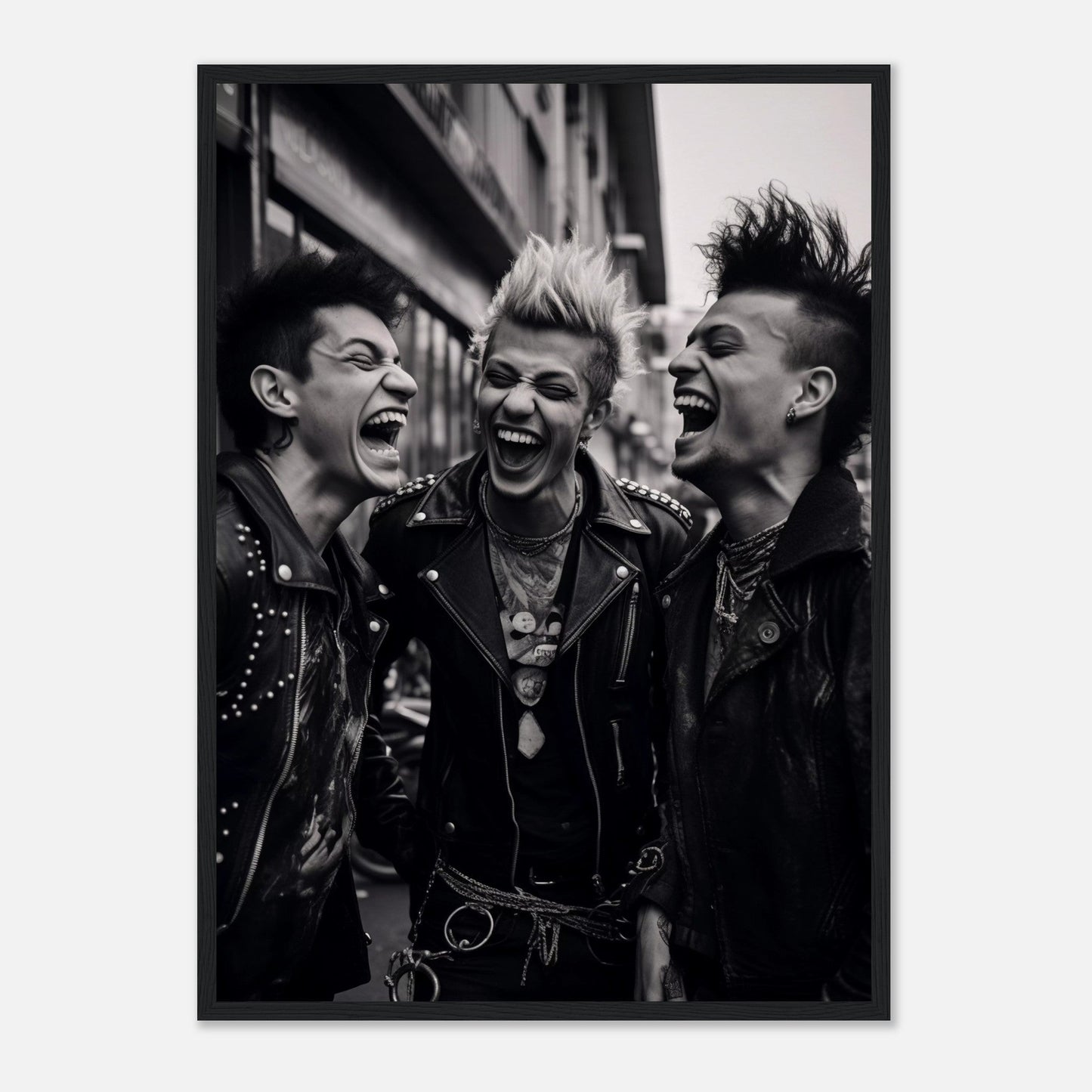 Three punk rockers with mohawks laughing exuberantly.